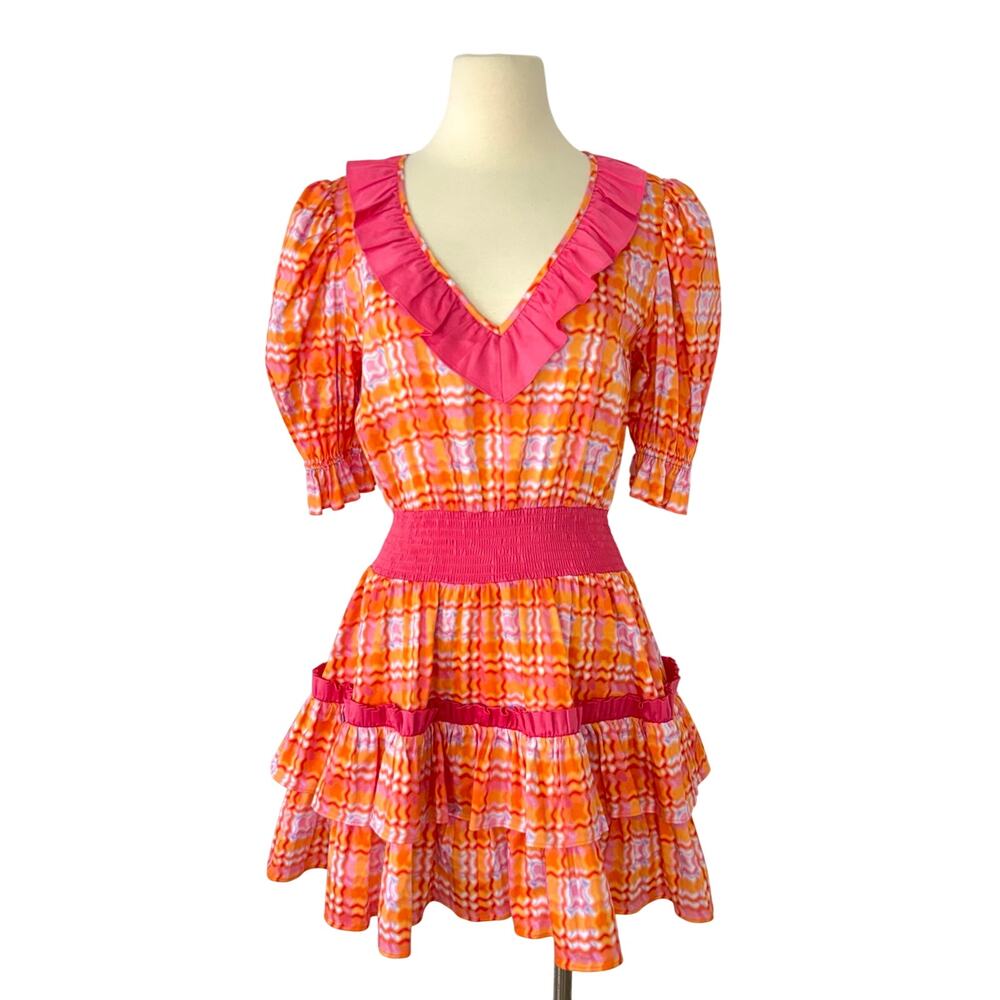 Alden Adair Kelsey Mini Dress Ruffle Retro Plaid Orange Pink M NWT